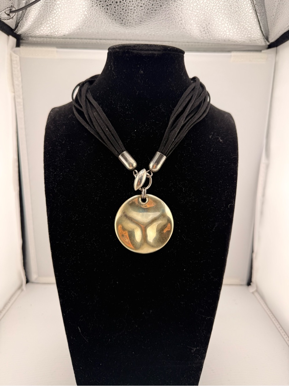 Sterling Silver 925 Disc Pendant Necklace on Black Multi-Strand Cord - Picture 2 of 8
